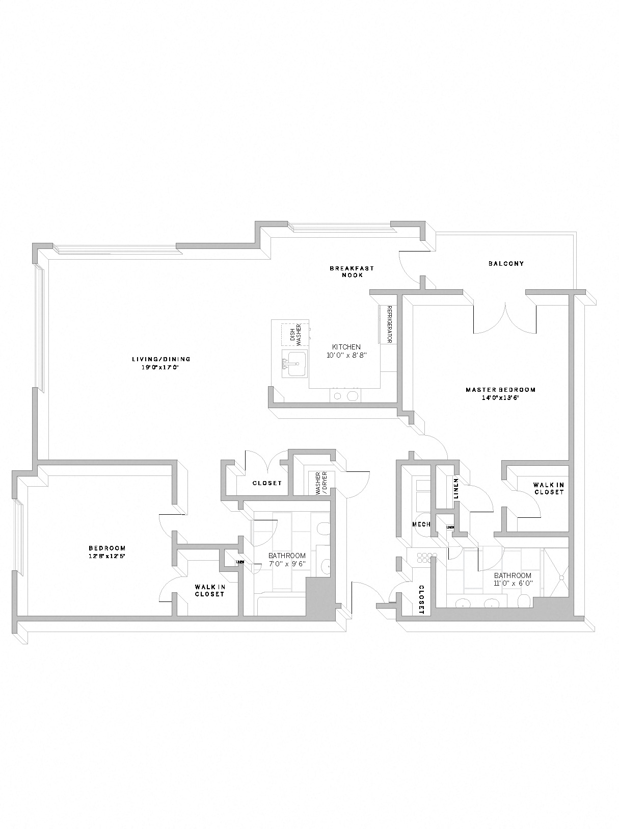 Floor plan for 2 beds, 2 baths, 1312 sqft